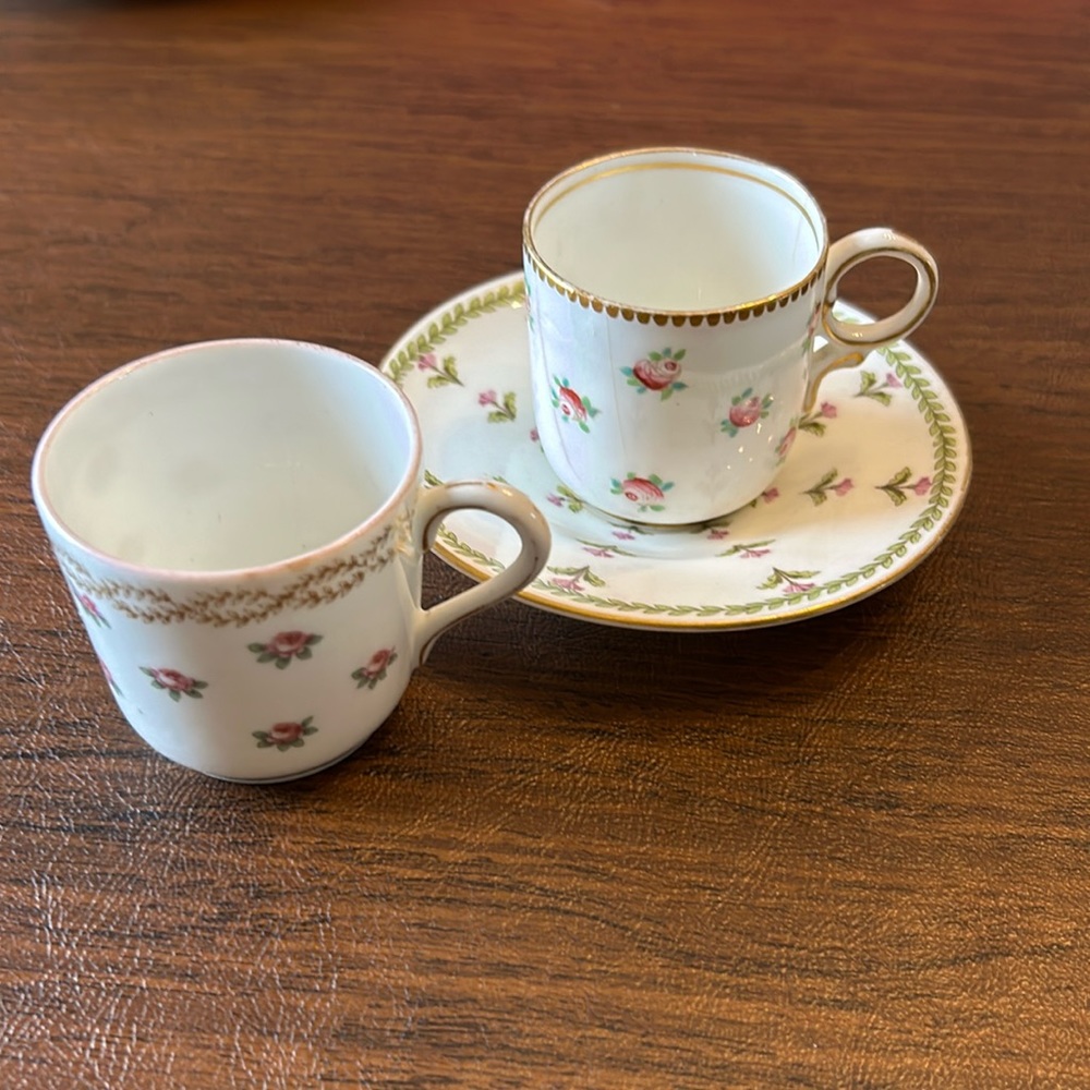 Antique floral tea cups (2) and saucer (1)